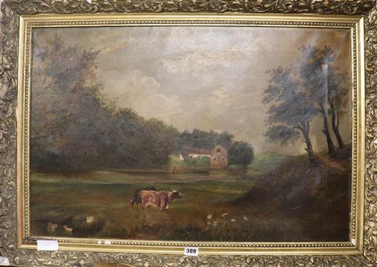 Victorian School, oil on canvas, Cattle in a meadow, monogrammed JH dated 1886, 49 x 74cm